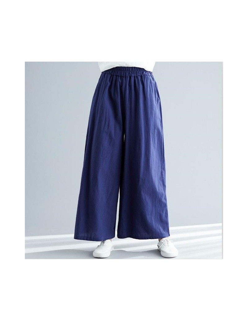 Spring Cotton Linen Pants 2019 Fashion Woman Long Pants Casual Solid Wide Leg Pants Plus Size M-7XL Trousers Red Black - nav...