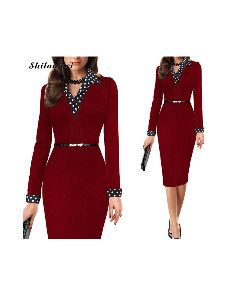 Women One-Piece Polka Dot Office Dress Long Elegant Lady Pencil Business Dress Suit V-neck Bodycon Vestidos Wear To Work - r...