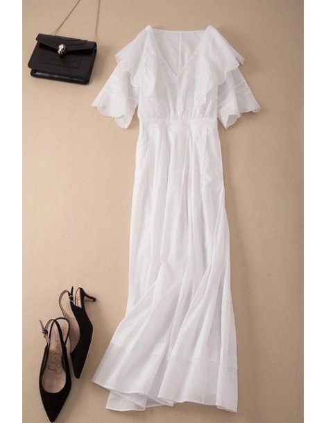 Dresses 2019 New Women Cotton White Long Dress Short Sleeve Embroidery Ruffle Summer Fresh Midi Dress - White - 444123672597 ...