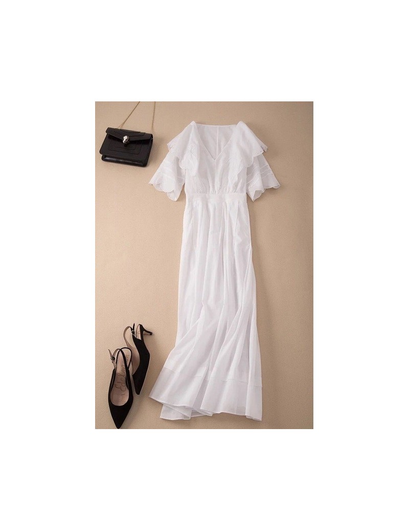 2019 New Women Cotton White Long Dress Short Sleeve Embroidery Ruffle Summer Fresh Midi Dress - White - 444123672597