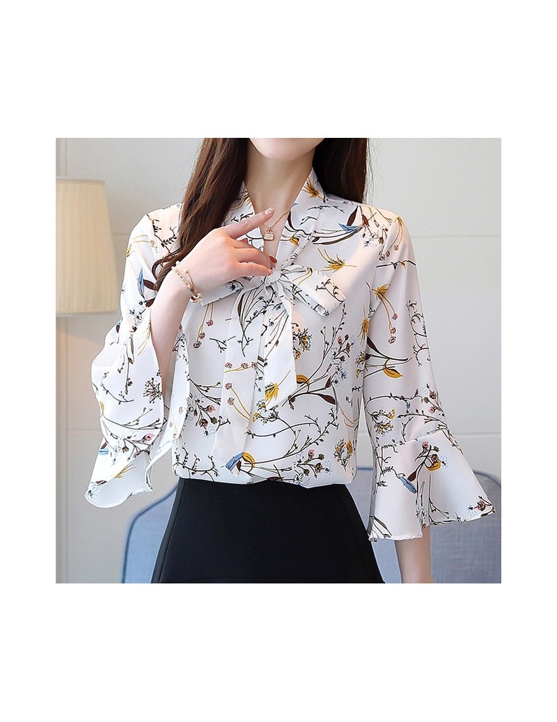 Blouses & Shirts Chiffon shirt female summer 2019 spring new v collar bow white printing chiffon women tops flare sleeve blou...