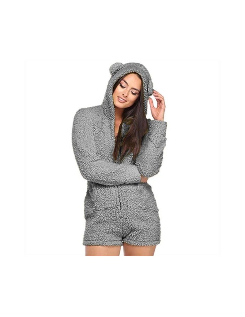 Rompers Fashion Women Hooded Playsuit Winter Long Sleeve Fur Jumpsuit Cute Bear Ear Short Jumpsuits - Gray - 4000086892472 $3...