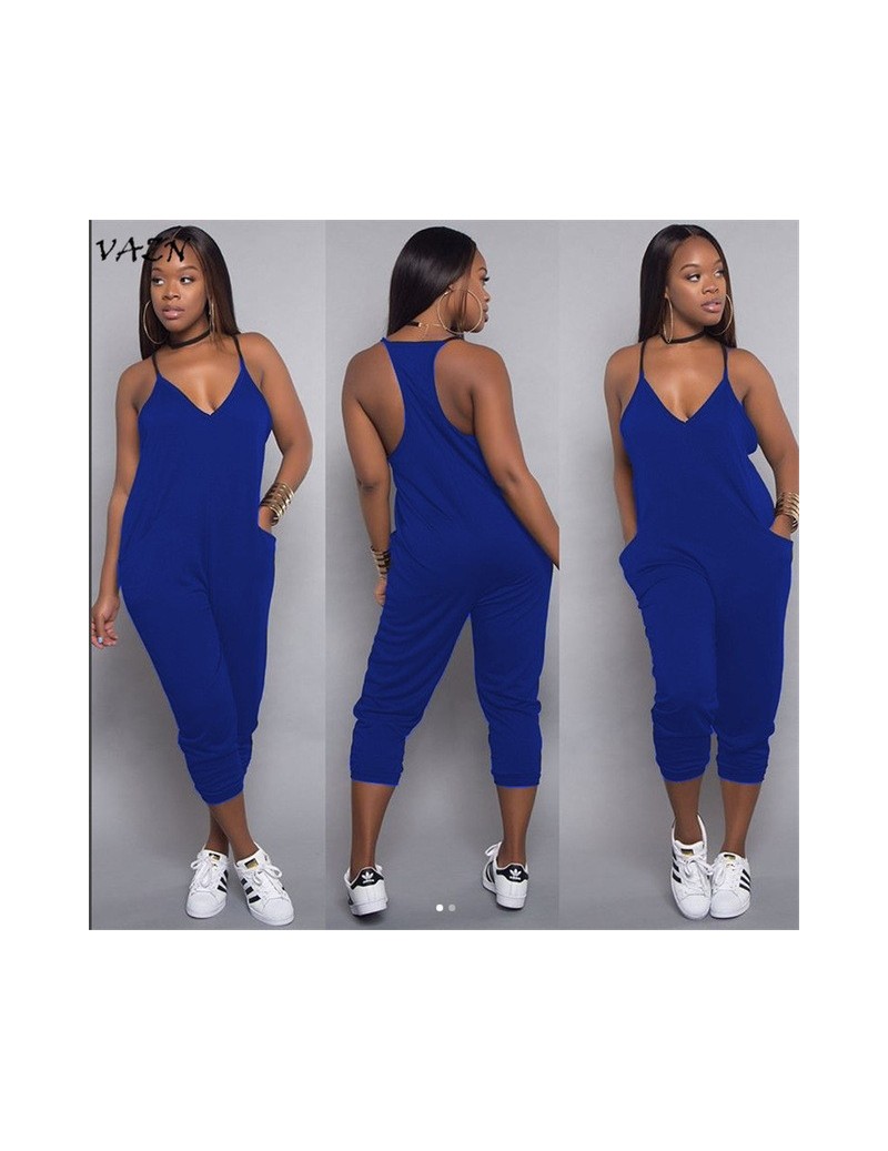 2018 Hot Sale Exotic Design Sexy Style Women Jumpsuit Spaghetti Strap Sleeveless Pocket Straight Romper Y099 - Blue - 4S3998...