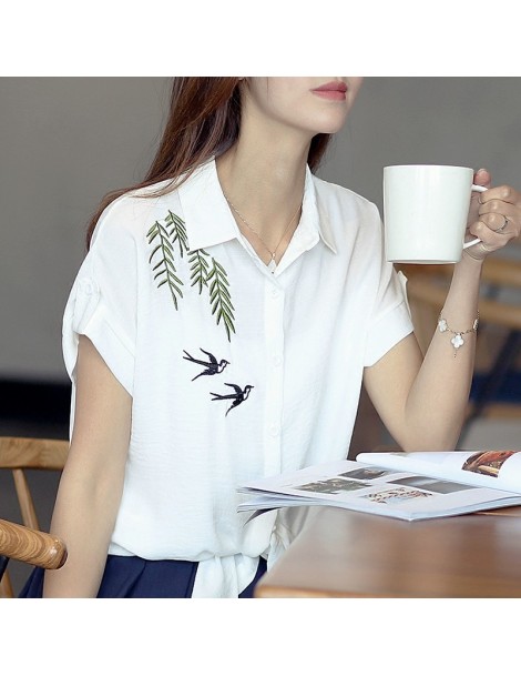 Blouses & Shirts White Embroidery Short Sleeve Blouse Women's Shirt 2019 New Fashion Loose Beach Office Lady Casual Tops Blus...