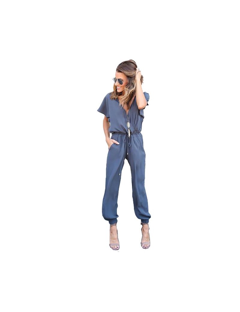 Jumpsuits 2018 Summer Sexy V Neck Pleated Waist Pocket Rompers Womens Jumpsuit Loose Cross Overalls Short Sleeve Playsuit S -...