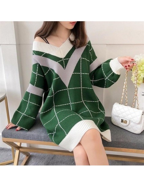Pullovers 2018 Autumn New Women Sweater Dress V neck Loose Sweater and Pullover Jumpers Patchwork Plaid Long Sweaters roupas ...