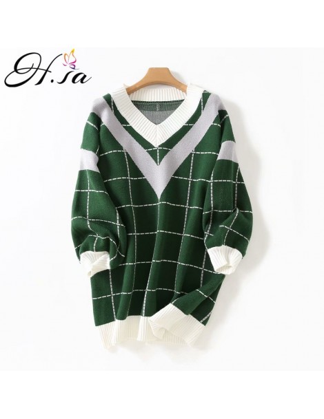 Pullovers 2018 Autumn New Women Sweater Dress V neck Loose Sweater and Pullover Jumpers Patchwork Plaid Long Sweaters roupas ...
