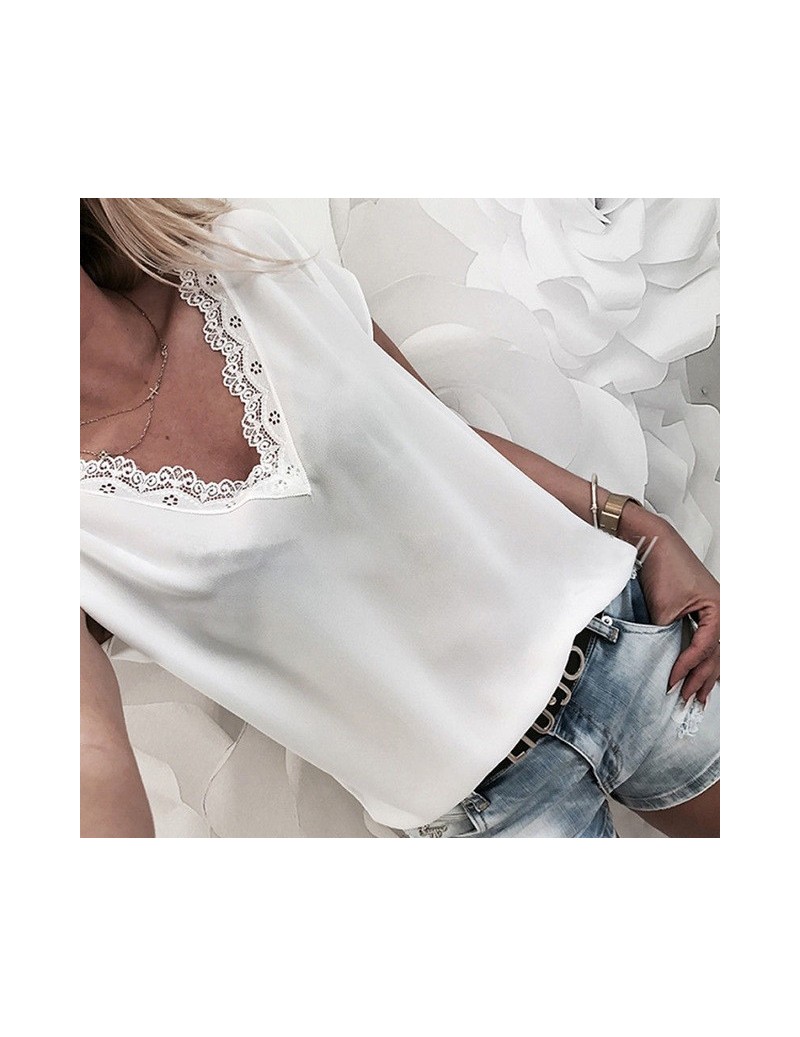 T-Shirts 2019 Lady T Shirt Women Short Sleeve T Shirt Lace V-Neck Summer Ladies Casual Loose T-Shirt Tops Size 6-14 - White -...