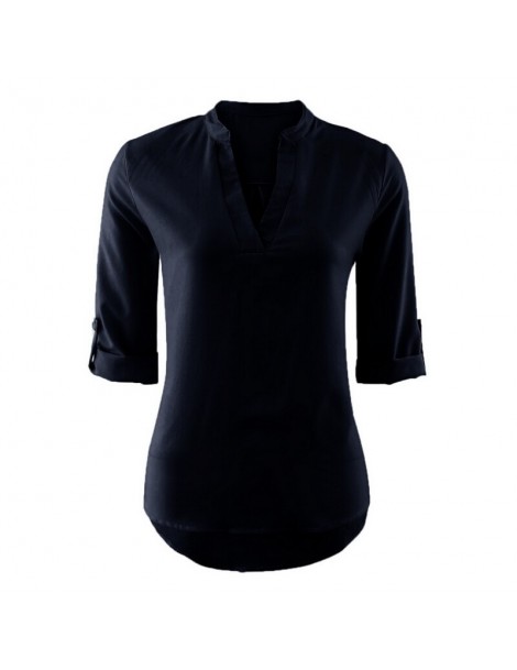 T-Shirts Women Long Sleeve Collar V Neck Button Top T-Shirt Ladies Top Office OL Work Shirt Solid Color Casual T Shirt - Blac...