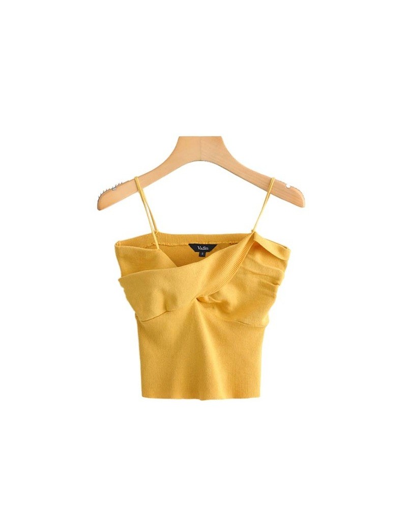 women elegant pleated V neck knitted solid blouse sleeveless backless chic female shirts casual yellow white tops WA325 - ye...