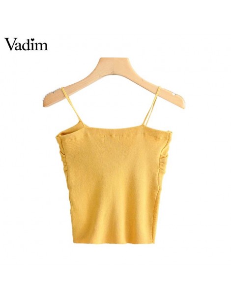 Blouses & Shirts women elegant pleated V neck knitted solid blouse sleeveless backless chic female shirts casual yellow white...