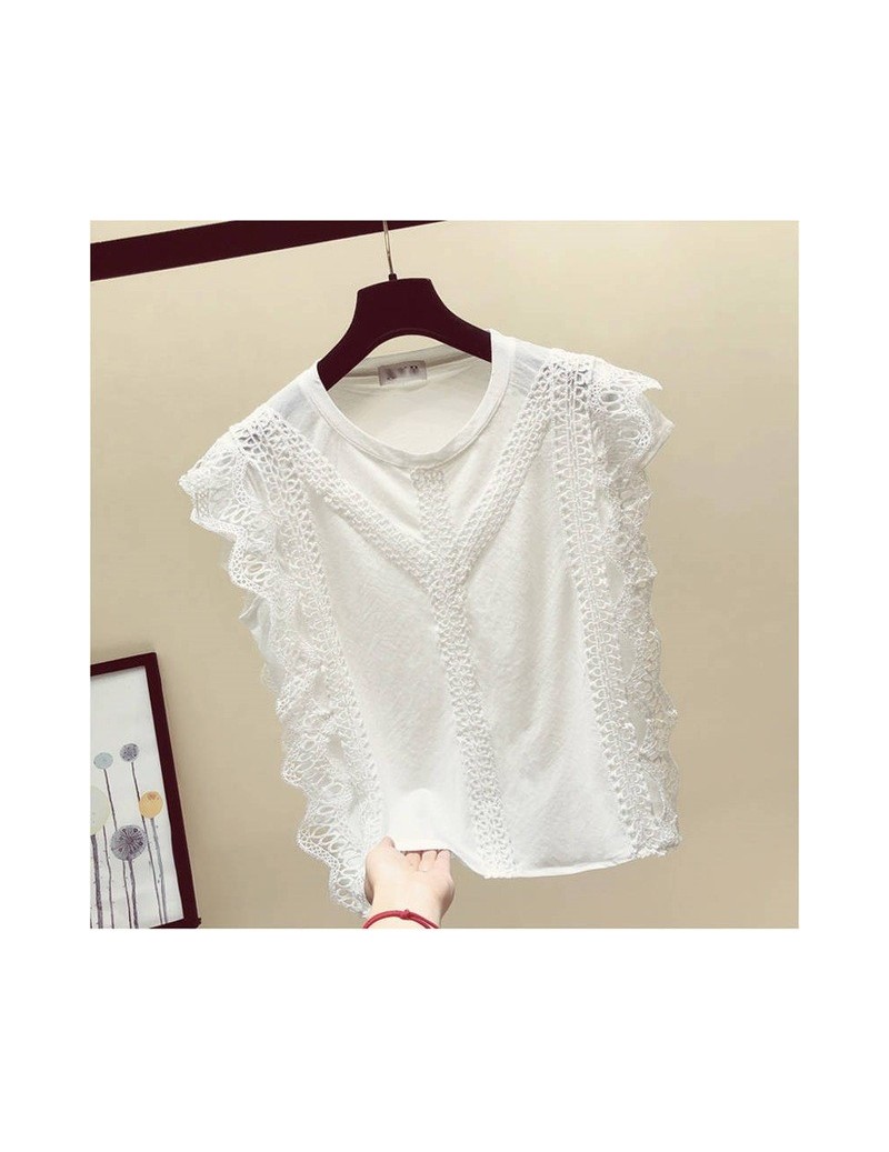 T-Shirts Sleeveless Shirt Woman Summer 2019 Korean Lace Patch Cotton T-shirt Women's Loose Tshirt Girl Lady Hollow Out Tops 3...