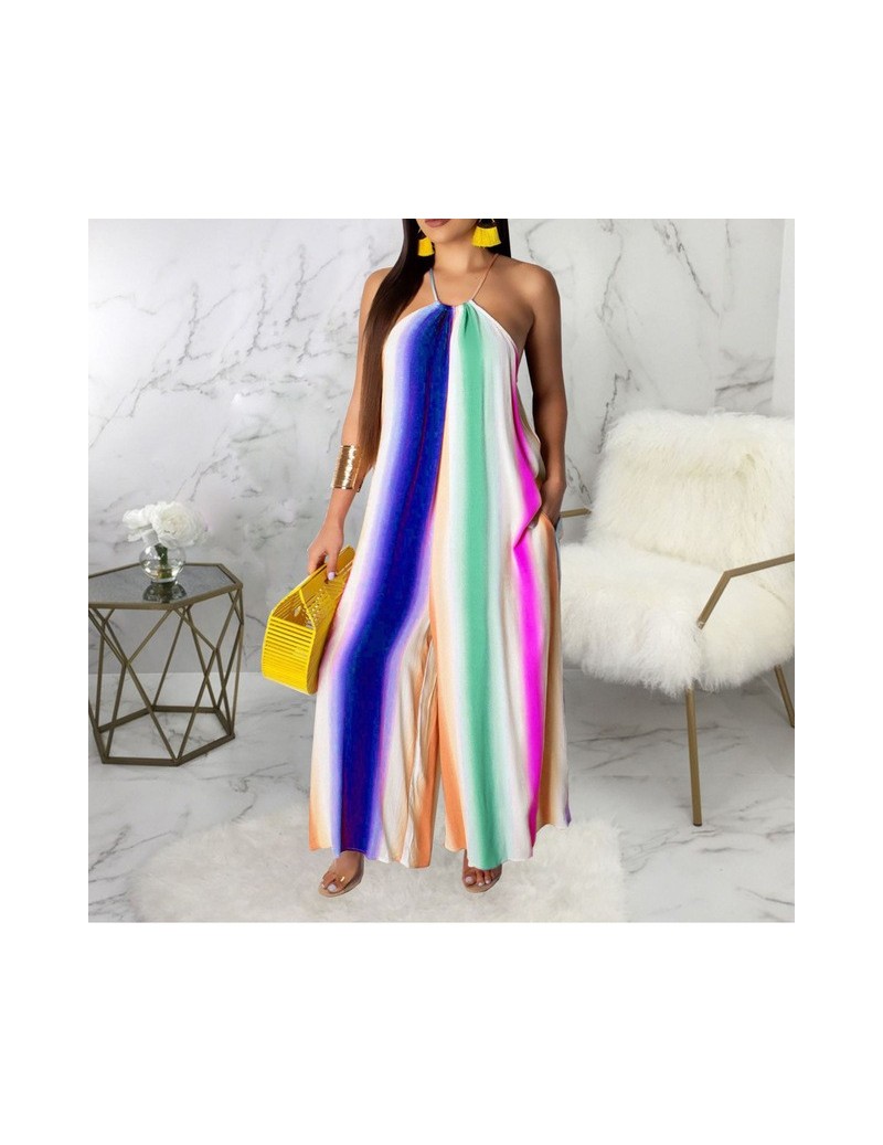 Tie Dye Striped Print Women Jumpsuit Casual Halter Sleeveless Rompers Sexy Off Shoulder Wide Leg Playsuit Wide Leg Overalls ...