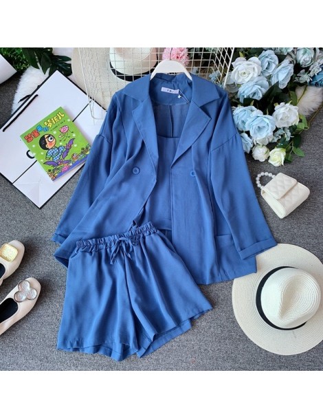 Women's Sets 2019 Summer Autumn New Women Long-sleeved Jacket + Sling Top +Hot Shorts Casual 3pcs Set Female Solid Outfit - B...