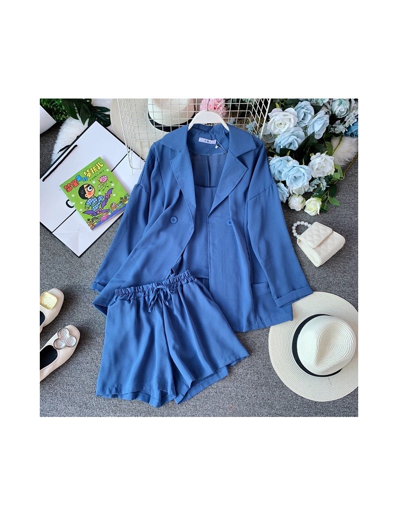 2019 Summer Autumn New Women Long-sleeved Jacket + Sling Top +Hot Shorts Casual 3pcs Set Female Solid Outfit - Blue - 4P4149...