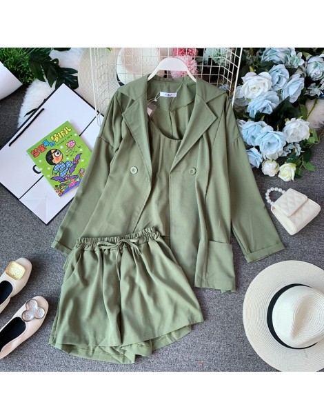 Women's Sets 2019 Summer Autumn New Women Long-sleeved Jacket + Sling Top +Hot Shorts Casual 3pcs Set Female Solid Outfit - B...