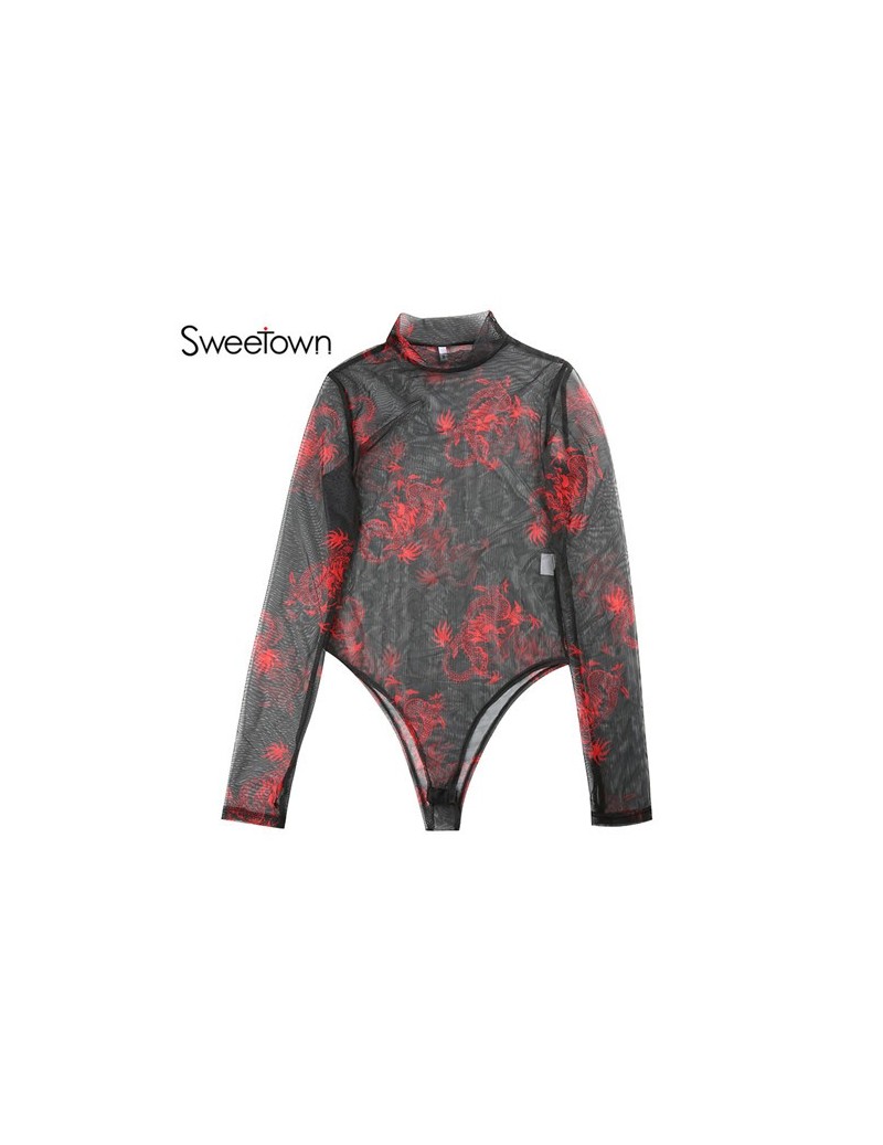 Transparent Sexy Mesh Bodysuit New Arrival 2019 Long Sleeve Dragon Print Body Mujer Rompers Womens Jumpsuit Summer - red - 4...