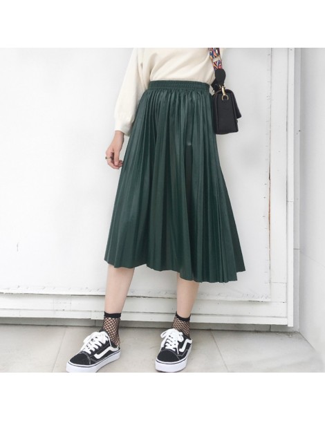 Skirts Midi Long PU Skirt Women 2018 Autumn Winter Korean Elegant Pleated High Waist Leather Skirt Female A line Office Skirt...