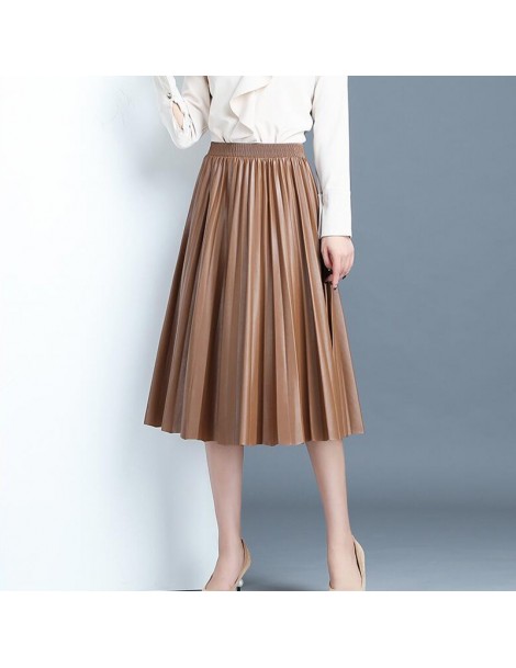 Skirts Midi Long PU Skirt Women 2018 Autumn Winter Korean Elegant Pleated High Waist Leather Skirt Female A line Office Skirt...