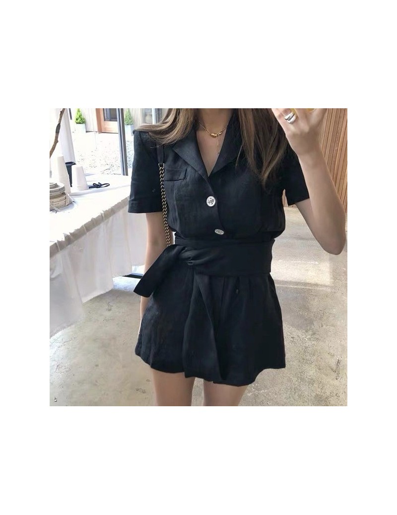 Rompers 2019 summer Women Solid color Turn down collar Casual Short Sleeve Buttons overalls elegant Bandage Polyester Jumpsu ...