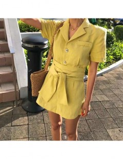 Rompers 2019 summer Women Solid color Turn down collar Casual Short Sleeve Buttons overalls elegant Bandage Polyester Jumpsu ...