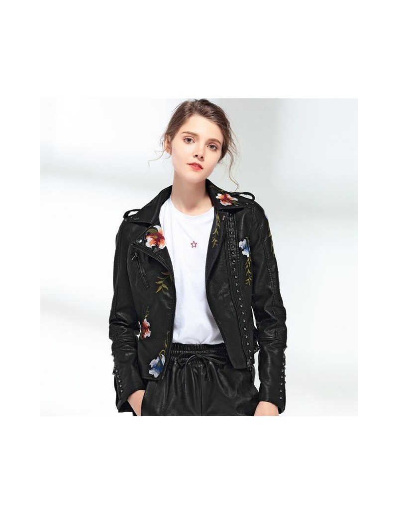 Leather Jackets Women Faux Leather Jacket Embroidery Motorcycle Black Punk Jacket Coat Rivet Zipper Female Faux Jacket Outerw...