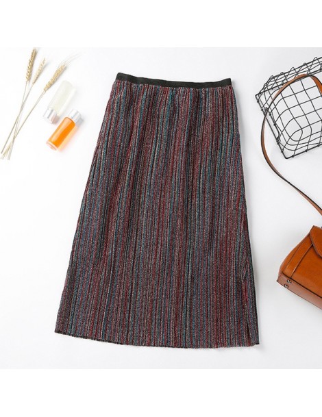 Skirts Metallic Glitter Lurex Stripe Pleated Midi Skirt Vintage Sequin High Waist Accordion Pleat Skirts Women Outfits - Stri...