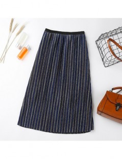 Skirts Metallic Glitter Lurex Stripe Pleated Midi Skirt Vintage Sequin High Waist Accordion Pleat Skirts Women Outfits - Stri...