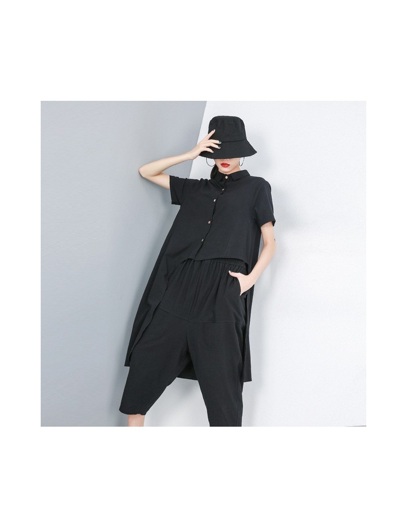 Women's Sets 2019 Korean Style Women Summer Black Two Pieces Set Short Sleeve Blouse Shirt & Calf Length Loose Pants Female P...