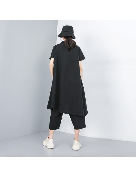 Women's Sets 2019 Korean Style Women Summer Black Two Pieces Set Short Sleeve Blouse Shirt & Calf Length Loose Pants Female P...