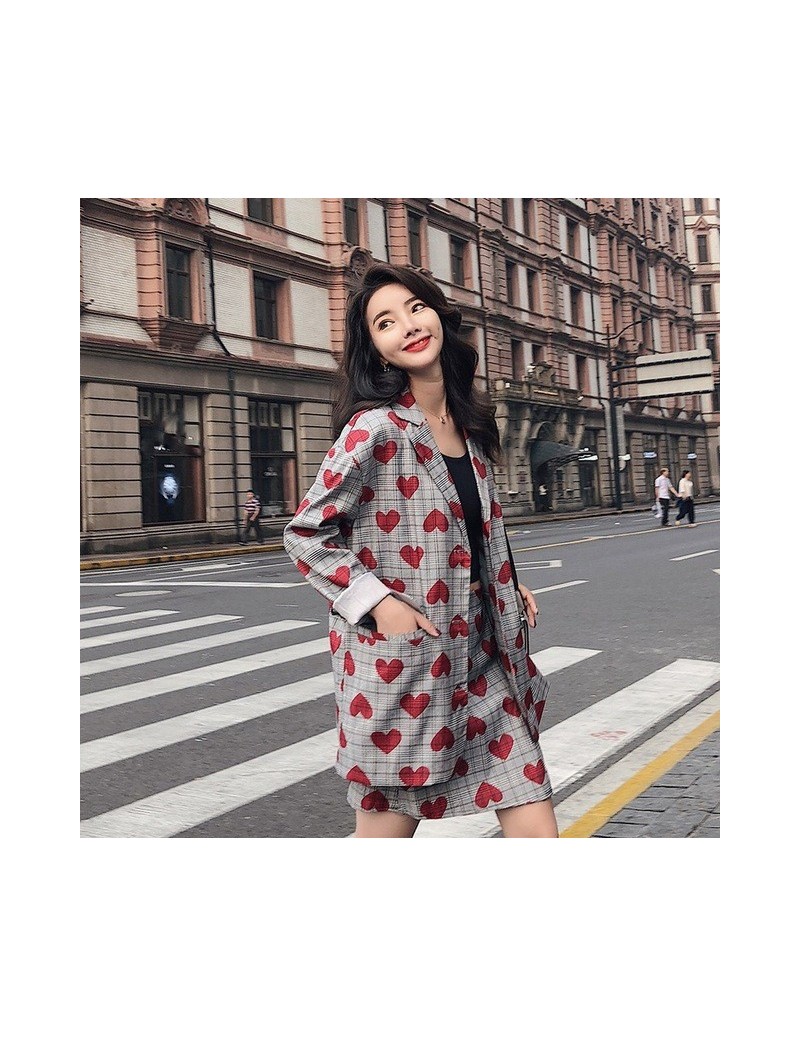 Skirt Suits Fashion Women Office Skirt Suits Plaid Red Heart Long Blazer Jackets And Mini Skirts Two Pieces Sets Outfits 2019...