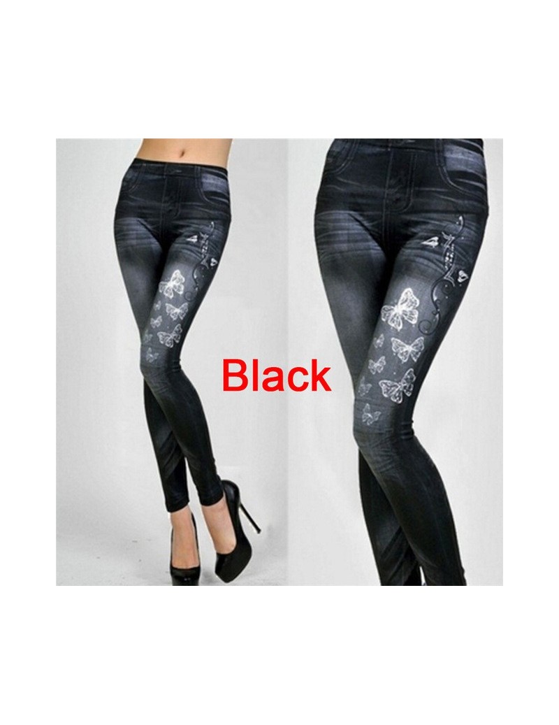 Leggings Leggings Women Butterfly Printing Pencil Pants Skinny Jeans Trousers Female Mid Waist Casual Denim Legging - Black -...