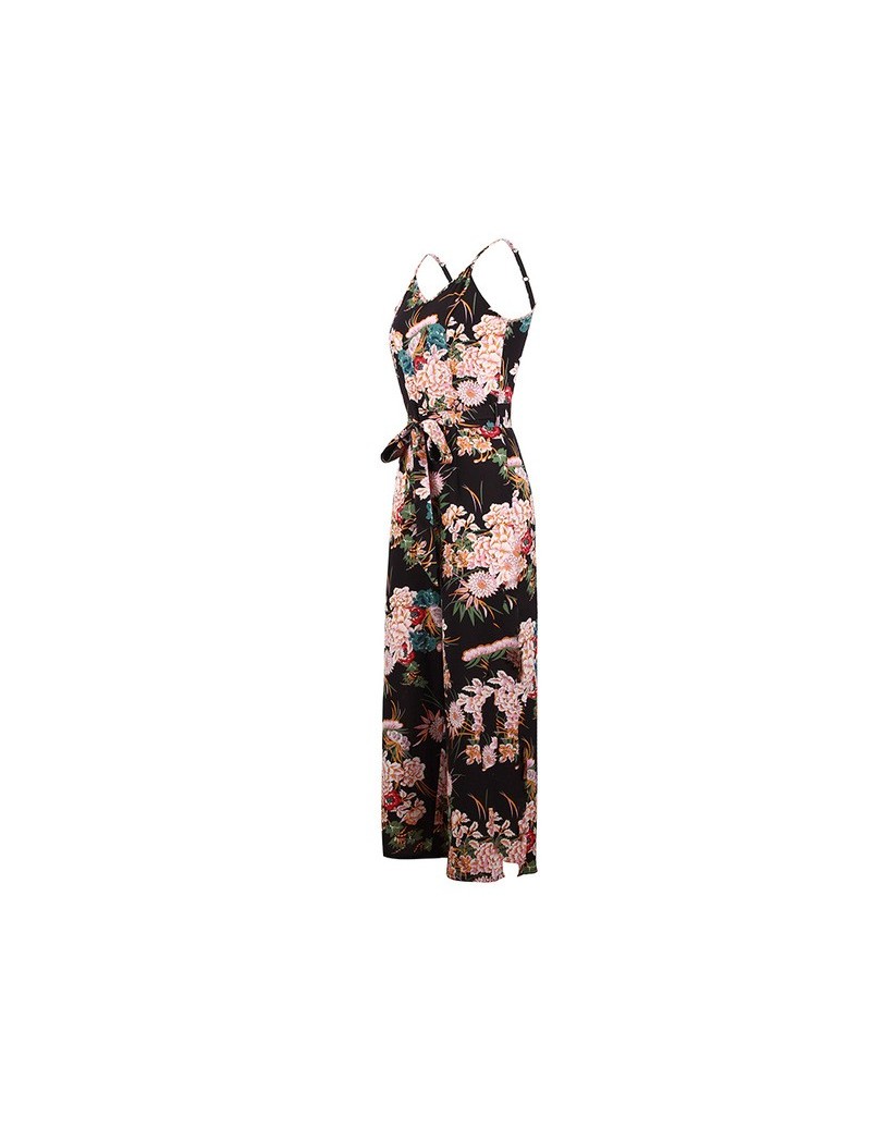 Jumpsuits Floral Split Strap Jumpuits women summer bohemian chiffon overalls sexy deep v beach print rompers backless wide le...