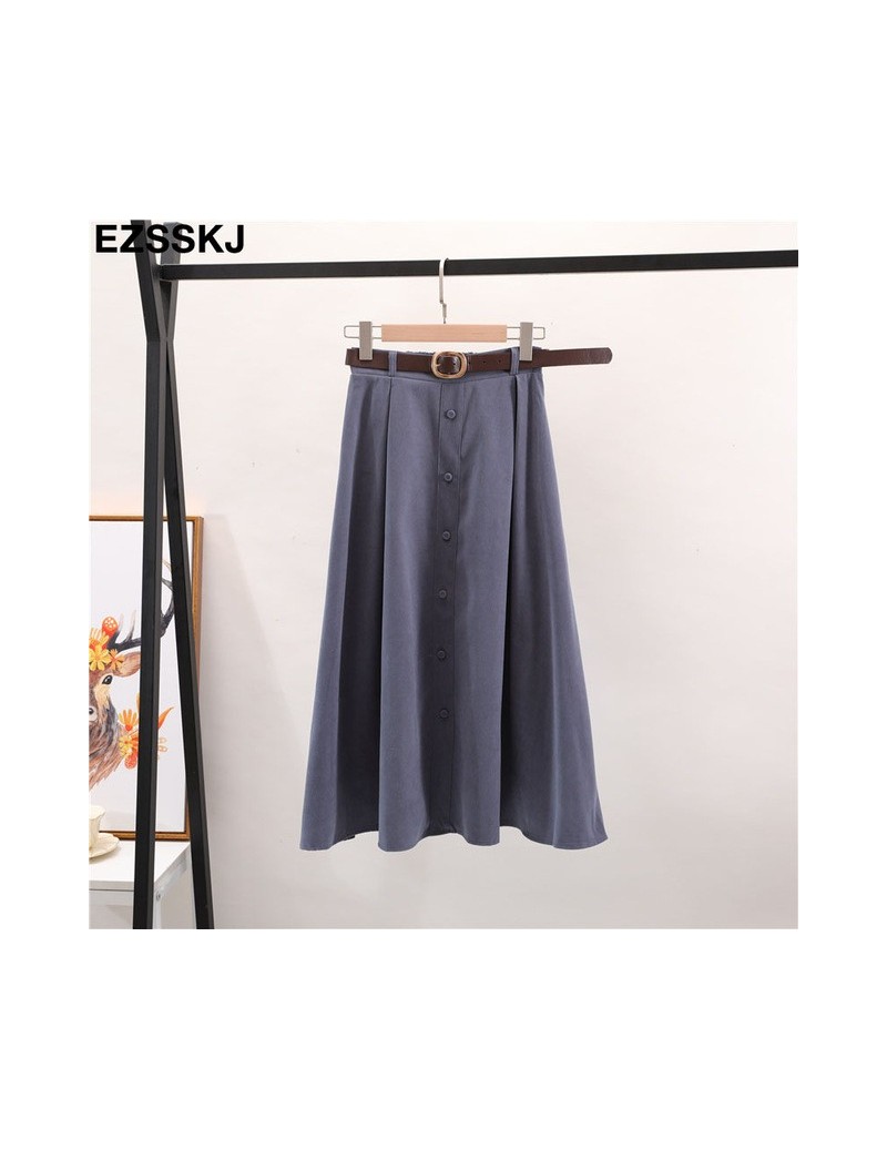 Autumn Winter Suede Velvet Skirt women 2019 Long Elegant Korean High Waist Skirt female button A-line Pleated Skirt with bel...