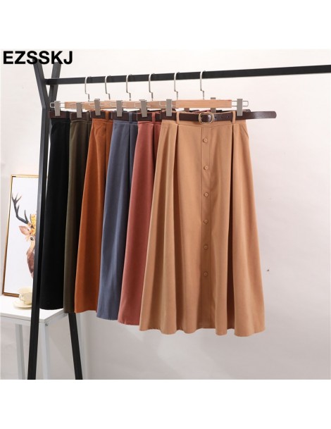 Skirts Autumn Winter Suede Velvet Skirt women 2019 Long Elegant Korean High Waist Skirt female button A-line Pleated Skirt wi...