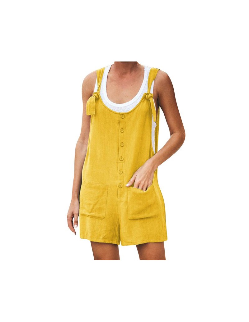 Summer beach Playsuit Women basic Casual Button Pocket Jumpsuit Linen Vintage Shift Spaghetti-Strap Rompers Macacaoss - YELL...