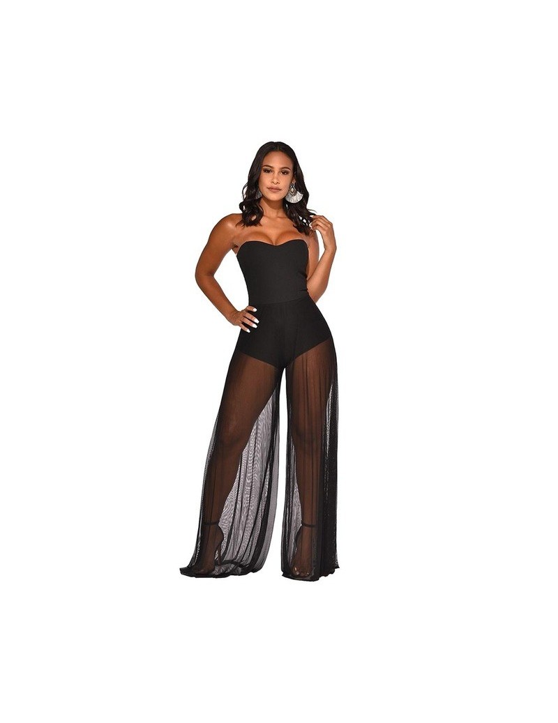 Rompers Women Summer Strapless Mesh Sheer Jumpsuit Casual Female Overalls Sexy Patchwork Backless Bodycon Party Club Playsuit...