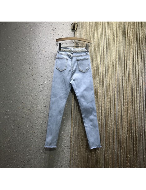 Jeans European 2019 Autumn New Vertical Hot Drill Hole Denim Pants Fur Edge Tight Fitting Stretch Jeans Pencil Pants Female T...