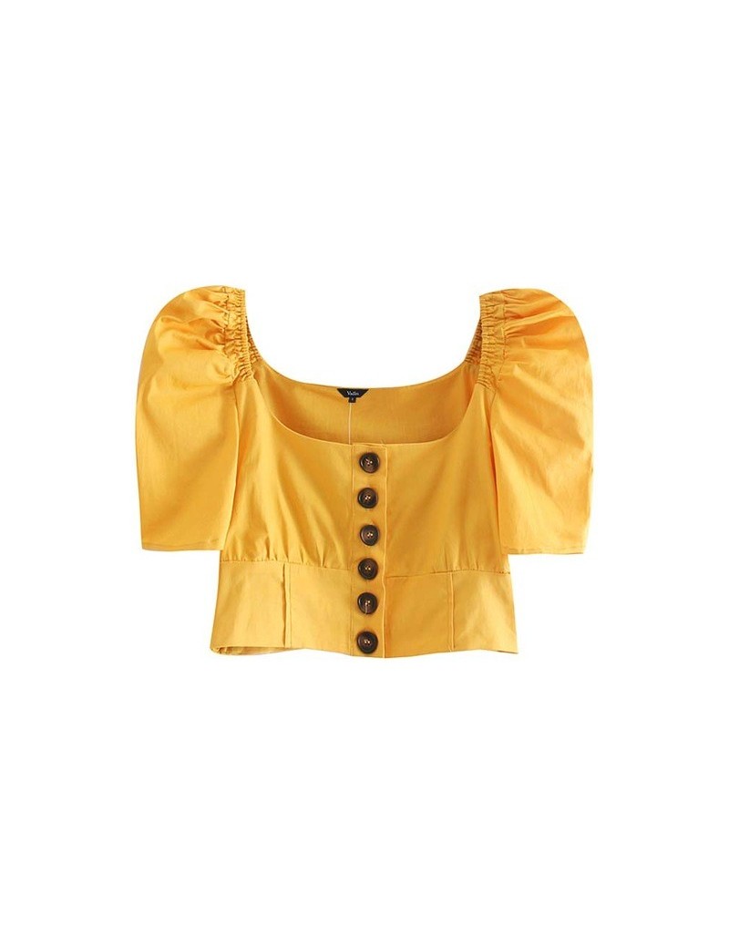 women stylish solid yellow square collar crop top buttons puff sleeve design female summer wear chic brand blouses DA515 - a...