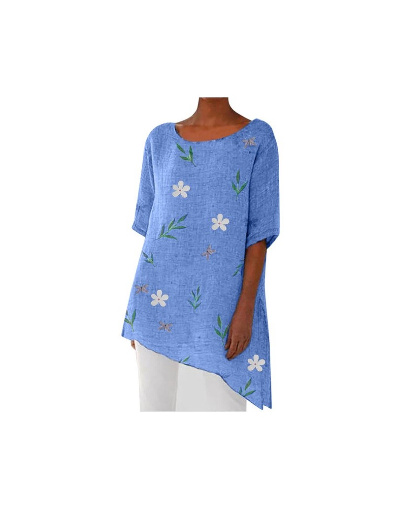 2019 fashion womens printed beach shirt top summer new womens solid color O-neck long-sleeved irregular chiffon shirt - Blue...