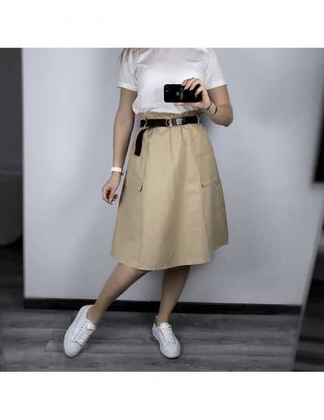 Skirts Pure Color Pockets Midi Skirts Casual Ladies Bottoms Trendy Female Skirts With Sashes 2019 Hot New For Women - Light B...