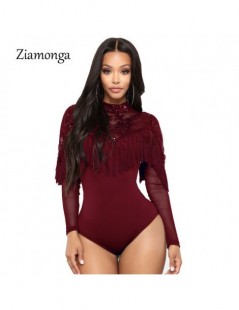 Bodysuits Sexy Lace Embroidery Bodysuit Women Sequined Elegant Fashion High Neck Bodysuits Long Sleeve Tassel Skinny Jumpsuit...
