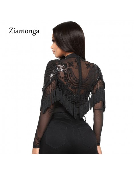 Bodysuits Sexy Lace Embroidery Bodysuit Women Sequined Elegant Fashion High Neck Bodysuits Long Sleeve Tassel Skinny Jumpsuit...