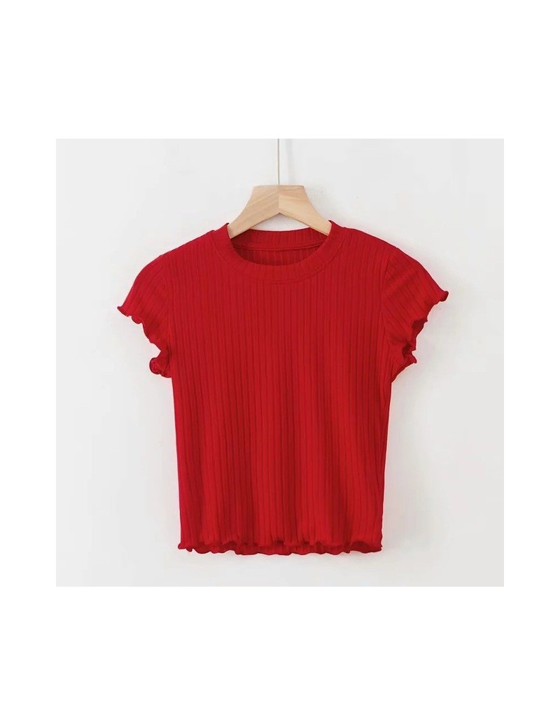 T-Shirts Women Ribbed Fit Crop Tee with Cap Sleeve Frill Trimmed Crop T-shirt - red - 464133813814-4 $27.65