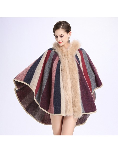 Cloak Faux Fox Fur Collar Hooded Cloak Coat Autumn Winter Fashion Knitted Cardigan Wool Cashmere Sweater Womens Capes and Pon...