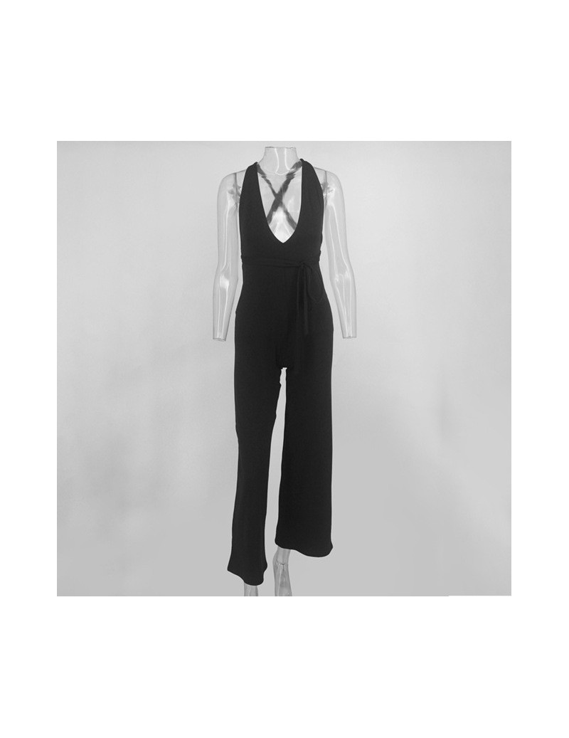 Ruffled Stain Women Jumpsuit Sleeveless Summer Jumpsuit Casual Backless Overalls Deep V Neck Jumpsuit Long Playsuit - Black ...