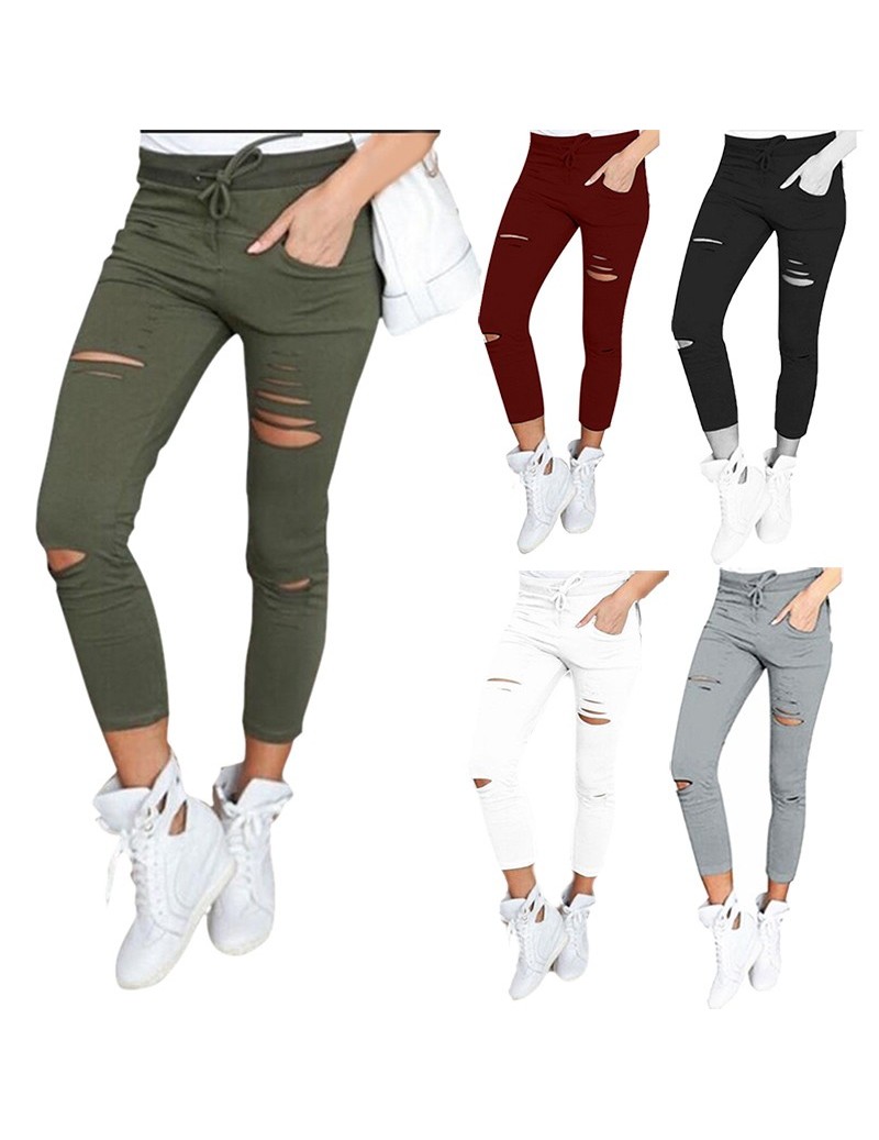 Pants & Capris Hot Women Legging Cropped Pants Drawstring Slim High Waist Stretch Elastic Hole Pencil Trouser Plus Size MSK66...