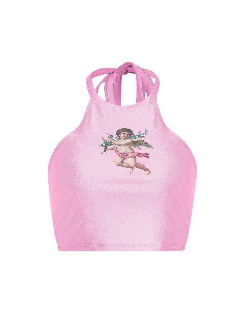 2019 Spring New Women's Fashion Slim Printed Mesh Perspective Print angle T-Shirt slogan shirts tumblr clothing - Pink - 4N3...