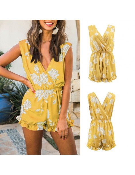 Rompers Droppshiping Women Floral Jumpsuit Sleeveless V Neck Jumper Playsuit Rompers Summer Beach J55 - YELLOW - 400008106509...