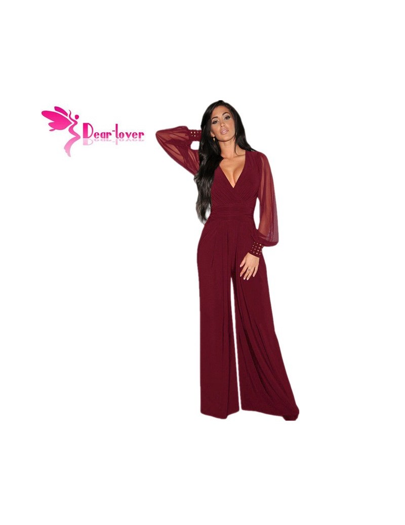 Long Black Rompers Womens Jumpsuit Winter Autumn Party V-neck Embellished Cuffs Mesh Sleeves Loose Club Pants LC6650 - Wine ...